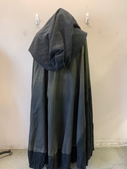 N/L MTO, Dk Olive Grn, Dk Gray, Synthetic, Solid, Dark Olive and Dark Gray Patchwork Panels, Aged Look, Floor Length, Raw Hem, 2 Hoods Nested Over Each Other, Made To Order
