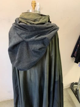 N/L MTO, Dk Olive Grn, Dk Gray, Synthetic, Solid, Dark Olive and Dark Gray Patchwork Panels, Aged Look, Floor Length, Raw Hem, 2 Hoods Nested Over Each Other, Made To Order