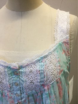 EILEEN WEST, Aqua Blue, Lt Pink, White, Cotton, Floral, Aqua with Pink Flowers, White Lace 1" Straps and Trim at Front, 10 Small Mother of Pearl Decorative Buttons at Front, Knee Length, Pin Tucks Near Hem