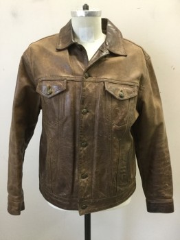 GAP BLUE JEANS, Brown, Leather, Solid, Jean-style Leather Jacket, Button Front, Collar Attached, 4 Pockets, Long Sleeves,