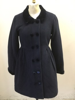 RACHEL RILEY, Navy Blue, Wool, Rayon, Solid, Double Breasted, Ribbed Velvet Collar, Velvet Buttons/cuffs, Back Waist Tab, Quilted Lining