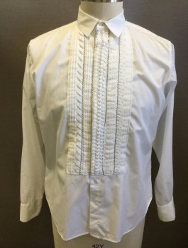 UGO VALLINI, White, Poly/Cotton, Solid, Long Sleeve Button Front, Collar Attached, Pleated and Ruffled Front with Black Scallopped Stitching, French Cuffs