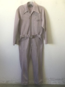 DIPLOMAT AFTER HOURS, White, Black, Cherry Red, Polyester, Check - Micro , Disco Jumpsuit, Long Sleeves, Zip Front, Collar Attached, 4 Pockets (2 Side Pockets, 1 Patch Pocket on Chest and One in Back), Wide 1.5" Belt Loops, 1970's  **Has Matching BELT with Gold Buckle **1 Belt Loop is Damaged