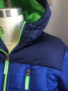 CHAMPION, Royal Blue, Navy Blue, Neon Green, Polyester, Solid, Color Blocking, Boys, Royal Blue with Navy Shoulders and Outside of Hood, Neon Green Hood Lining & Accents on Zippers, Puffer Jacket, Zip Front, 2 Pockets