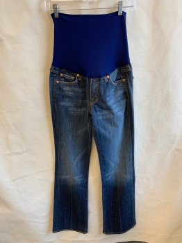 A PEA IN THE POD, Blue, Navy Blue, Cotton, Spandex, Solid, Maternity, Navy Extended High Waist, Faded Blue Denim, Zip Front, 5 Pockets, Creased Lines & Washed Out Front