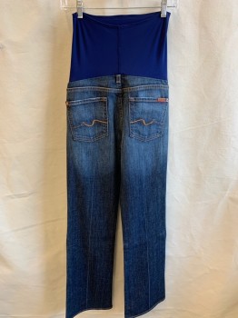 A PEA IN THE POD, Blue, Navy Blue, Cotton, Spandex, Solid, Maternity, Navy Extended High Waist, Faded Blue Denim, Zip Front, 5 Pockets, Creased Lines & Washed Out Front