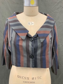 NO LABEL, Gray, Apricot Orange, Red Burgundy, Blue, Wool, Stripes, Cropped Jacket ,3/4 Sleeve, Button Front, Bal Collar, Made To Order,