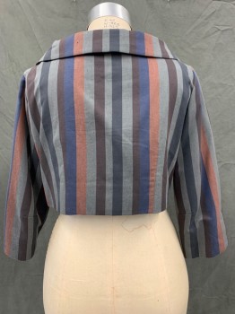 NO LABEL, Gray, Apricot Orange, Red Burgundy, Blue, Wool, Stripes, Cropped Jacket ,3/4 Sleeve, Button Front, Bal Collar, Made To Order,