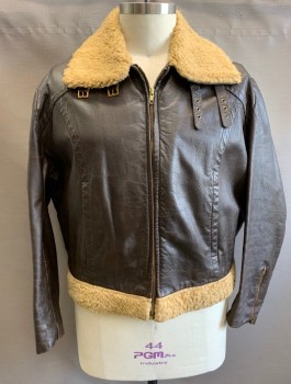 COOPER, Dk Brown, Beige, Leather, Fleece, Solid, Zip Front, Fleece Collar and Waistband, 2 Pockets