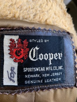 COOPER, Dk Brown, Beige, Leather, Fleece, Solid, Zip Front, Fleece Collar and Waistband, 2 Pockets