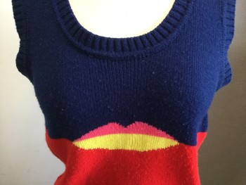 FULLY FASHIONED, Navy Blue, Red, Pink, Yellow, Acrylic, Color Blocking, Scoop Neck, Lips on Front, Pullover,