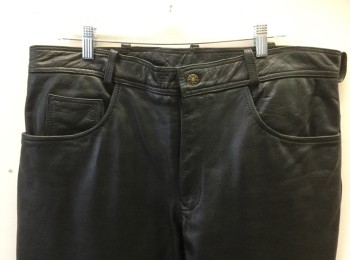 X ELEMENT, Black, Leather, Solid, Flat Front, Zip Fly, 5 Pockets, Belt Loops, Straight Leg