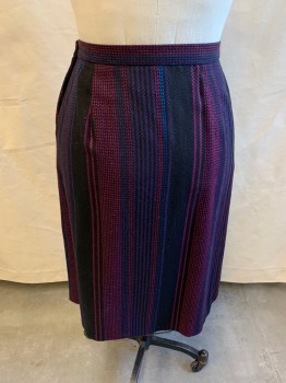 PEPPER TREE, Black, Purple, Hot Pink, Blue, Wool, Abstract , Stripes, 2 Pockets, 1 Button Left Side