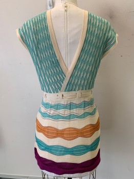 NO LABEL, Beige, Turquoise Blue, Purple, Orange, Viscose, Stripes, Sleeveless, Low V Cut, on Back and Front, with Waist Belt, See Through