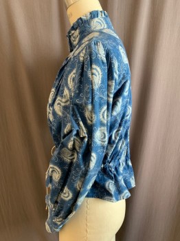 MTO, Blue, White, Cotton, Abstract , Button Front, Long Sleeves, Stand Collar with Ruffle, Drawstring Waist, Front and Back Yoke, Button Cuffs, Heavy Cotton
