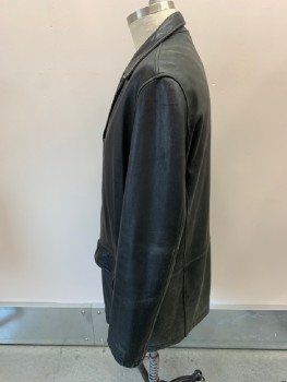 MARK NEW YORK, Black, Leather, Solid, Single Breasted, B.F., 3 Bttns, Notched Lapel, 2 Flap Pckt, Quilted Lining, Aging