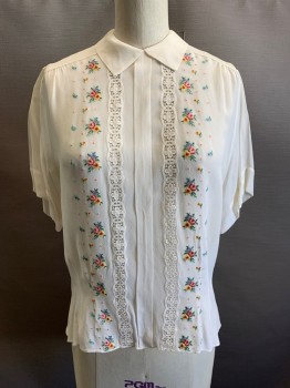 NL, White, Polyester, Solid, Floral, S/S, Button Back, Pink Yellow Green Blue Floral Embroidery, Lace Inserts,