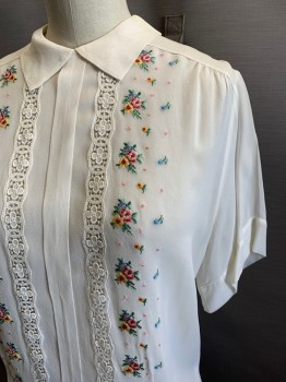 NL, White, Polyester, Solid, Floral, S/S, Button Back, Pink Yellow Green Blue Floral Embroidery, Lace Inserts,
