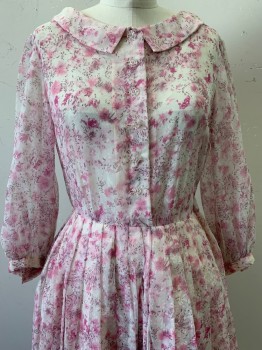 NO LABEL, Pink, Baby Pink, Mauve Pink, Polyester, Abstract , L/S, Button Front, Collar Attached, Pleated, Side Zipper, Sheer