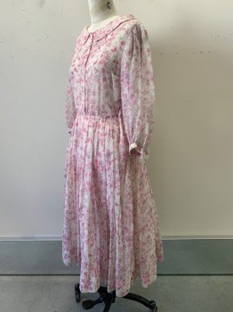 NO LABEL, Pink, Baby Pink, Mauve Pink, Polyester, Abstract , L/S, Button Front, Collar Attached, Pleated, Side Zipper, Sheer