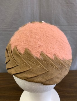 N/L, Mauve Pink, Brown, Wool, Silk, Plush Wooly Material with Contrasting Brown Grosgrain Edges with Intricately Folded Pleats, Removable Hat Pin with White Tip,  in Good Condition