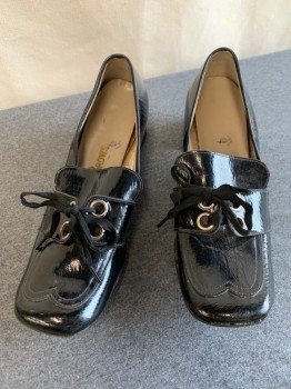 HI BROWS, Black, Sienna Brown, Leather, Solid, Patent Leather, Square Toe, Wingtip Detail Stitch at Toe, Lace Up Straps with Big Silver Grommets, Mid Heel, Loafer
