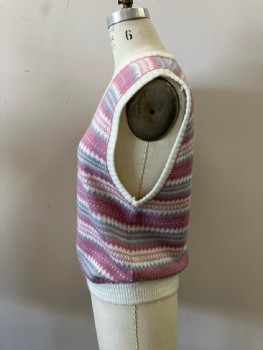 D' ALLAIRDS, Cream/Dusty Rose/Gray Horizontal Pattern Stripe, Acrylic Knit V-N, B.F.,
