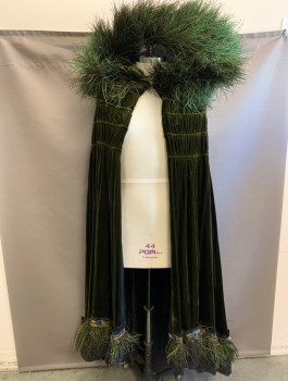 N/L MTO, Dk Olive Grn, Green, Cotton, Feathers, Crushed Velvet, Ostrich Feather Trim Around Hood Opening and Hem, Floor Length, Open Center Front with 1 Hook/Eye Closure, Hood and Shoulders are Structured with Boned Hoops, Made To Order