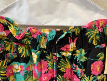 EXPRESS, Black, Pink, Aqua Blue, Yellow, Teal Green, Linen, Cotton, Floral, Elastic Ruffeled Waist, 2 Pockets, Cuffed, Retro 1980's Looking, Zip Fly with Skirt Clasp Closure
