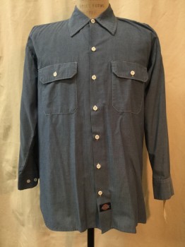 DICKIES, Blue, Cotton, Polyester, Solid, Heather Blue, Button Front, Collar Attached, 2 Pockets,