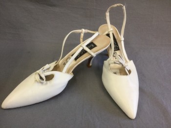 KENNETH COLE, Bone White, Leather, Solid, Heels, Pointed Toe, with Self Bow, Sling Back with Self Straps Around Back of Ankle, 3" Kitten Heel,