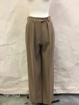 GIORGIO ARMANI, Tan Brown, Wool, Solid, Pleated, Button Tab, High Waist, 4 Welt Pockets, Belt Loops, Zip Front, Partially Lined