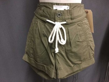 H&M, Olive Green, Cotton, Solid, Double Pleats, Cuffed, Rope Tie Belt In Belt Channel, 4 Pockets,