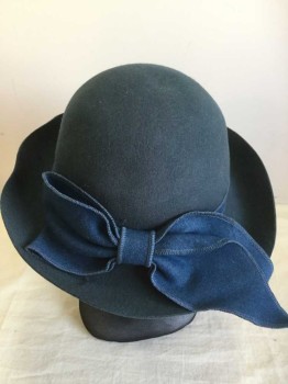 CC, Teal Blue, Teal Blue, Wool, Solid, Soft Round Crown Med Brim, Large Overlocked Wool Fabric Slightly Different Teal Band  and Oversized Bow Center Back,