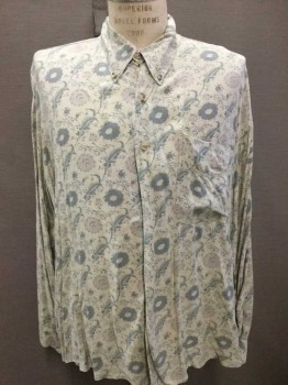 AUSTERITY FIFTY, Ecru, Gray, Dusty Pink, Slate Blue, Cotton, Floral, Ecru W/Pastel/Dusty Floral Print, Long Sleeve Button Front, 1 Pocket, Button Down Collar,