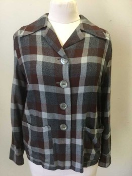 N/L, Dk Gray, Brown, Lt Gray, Charcoal Gray, Cotton, Plaid, Flannel, L/S, Notched Collar, 4 Large Gray Shell Buttons, 2 Large Patch Pockets at Hips, No Lining,