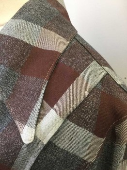 N/L, Dk Gray, Brown, Lt Gray, Charcoal Gray, Cotton, Plaid, Flannel, L/S, Notched Collar, 4 Large Gray Shell Buttons, 2 Large Patch Pockets at Hips, No Lining,
