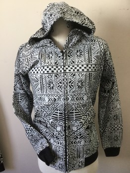 KIX, Black, White, Polyester, Cotton, Abstract , Sweatshirt with Hood, Black/white Geometric Abstract, Zip Front, Black Knit Hem & Long Sleeves Cuffs, Zip Front, 2 Slant Pockets, with Matching Pants