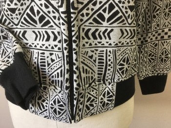KIX, Black, White, Polyester, Cotton, Abstract , Sweatshirt with Hood, Black/white Geometric Abstract, Zip Front, Black Knit Hem & Long Sleeves Cuffs, Zip Front, 2 Slant Pockets, with Matching Pants