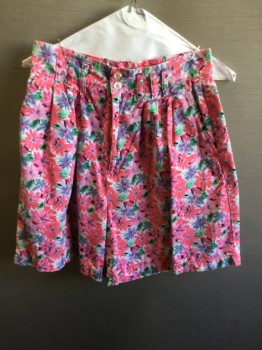 MEMPHIS, Pink, White, Green, Purple, Cotton, Floral, Pleated Front, 2 Pockets, Zip Fly, Belt Loops