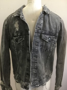 H&M, Faded Black, Cotton, Solid, Boys, Distressed Jean Jacket, Button Front, Pocket Flap, Collar Attached,