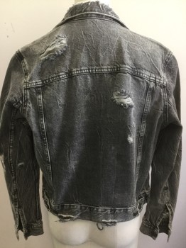 H&M, Faded Black, Cotton, Solid, Boys, Distressed Jean Jacket, Button Front, Pocket Flap, Collar Attached,