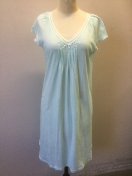 MISS ELAINE, Lt Blue, White, Cotton, Polyester, Check - Micro , Jersey, Cap-Toe, Sleeve, White Lace Trim at V-neck and Sleeves, Knee Length