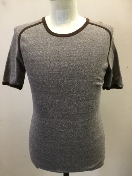SCHIESSER, Brown, Cotton, Heathered, Raglan Short Sleeves, Solid Brown Ribbed Knit Crew Neck/piping, Shoulder Burn