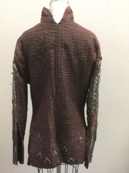 N/L MTO, Sienna Brown, Silver, Cotton, Metallic/Metal, Historically Inspired Fantasy Top: Sienna Brown with Metallic Flecks, Top Stitched Detail, Silver Metal Plates on Long Sleeves & Near Hem, Stand Collar, Lace Up Closure At Center Front, Made To Order **Missing Some Metal Plates Throughout