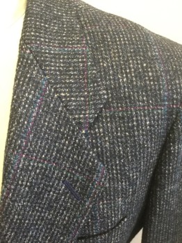 AUSTIN GREY, Faded Black, Wool, Speckled, Plaid - Tattersall, with Beige Specks, Faint Teal and Purple Dashed Tattersall Grid Lines, Single Breasted, Notched Lapel, 2 Buttons