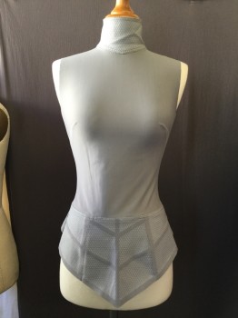 BILL HARGATE, Gray, Silver, Spandex, Rubber, Geometric, Sleeveless, Turtleneck, Back Zipper, Patterned Collar and Front Skirt Panel. 4 Way Stretch