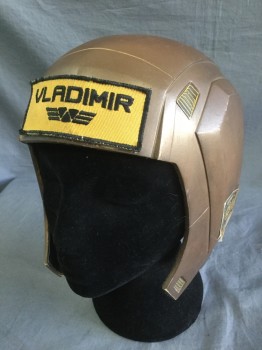 N/L, Copper Metallic, Goldenrod Yellow, Black, Fiberglass, Rubber, Solid, Copper with Computer Chip/High Tech Panels, Removable Yellow/Black "Vladamir" Patch at Forehead, Split at Center Back, Made To Order