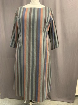 NO LABEL, Gray, Apricot Orange, Red Burgundy, Blue, Wool, Stripes, Dress, Below the Knee, 3/4 Sleeve, Back Sipper, Scoop Neck, Fully Lined
Made To Order, with Belt,