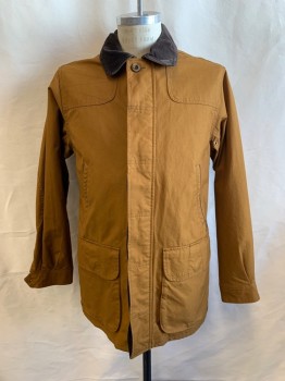 ORVIS, Camel Brown, Cotton, Polyester, Solid, Dk.Brown Corduroy Collar, Zip Front & Button Front Placket, 4 Pockets, Stitched Zig Zag Pattern on Yoke